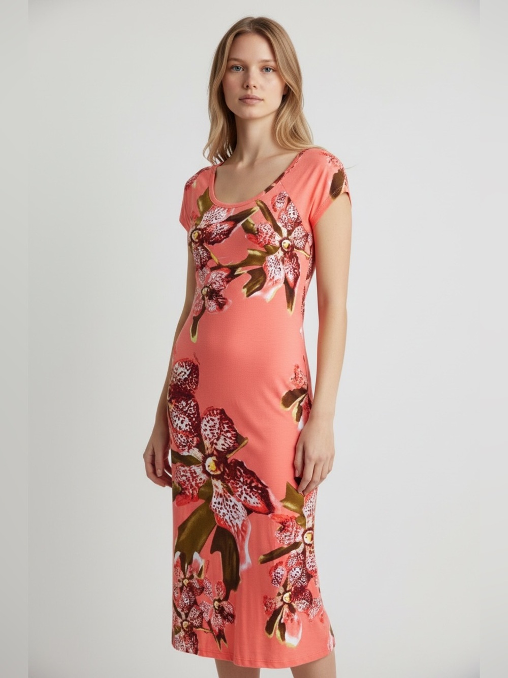 Floral Print Peach Short Sleeve Bodycon Midi Dress Size Medium